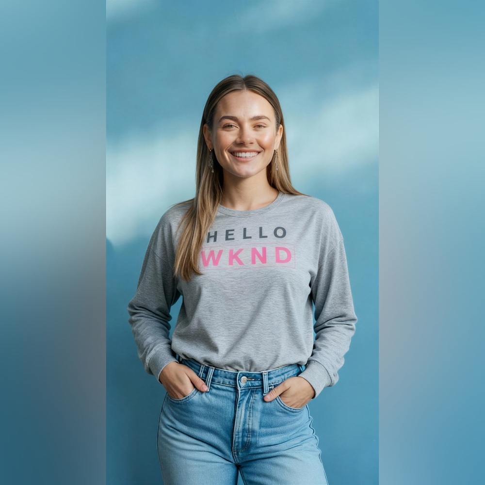 Old Navy Gray and Pink 'Hello WKND' Long Sleeve Tee